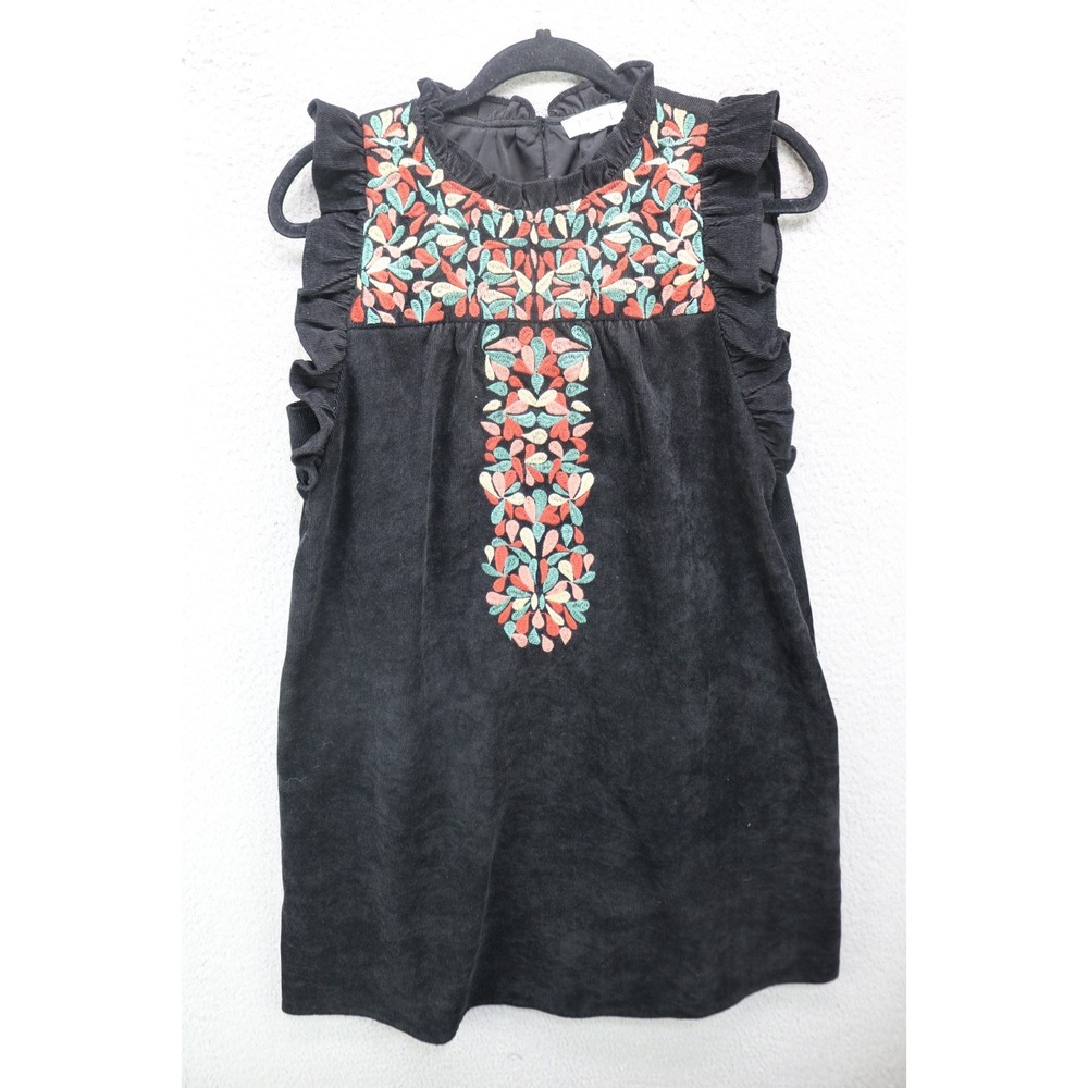 THML Black Ruffle Sleeves Embroidery Corduroy Dress-Medium-Boho-Whimsigoth